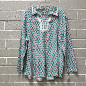 Talbots Teal and Pink Floral Long Sleeve Shirt